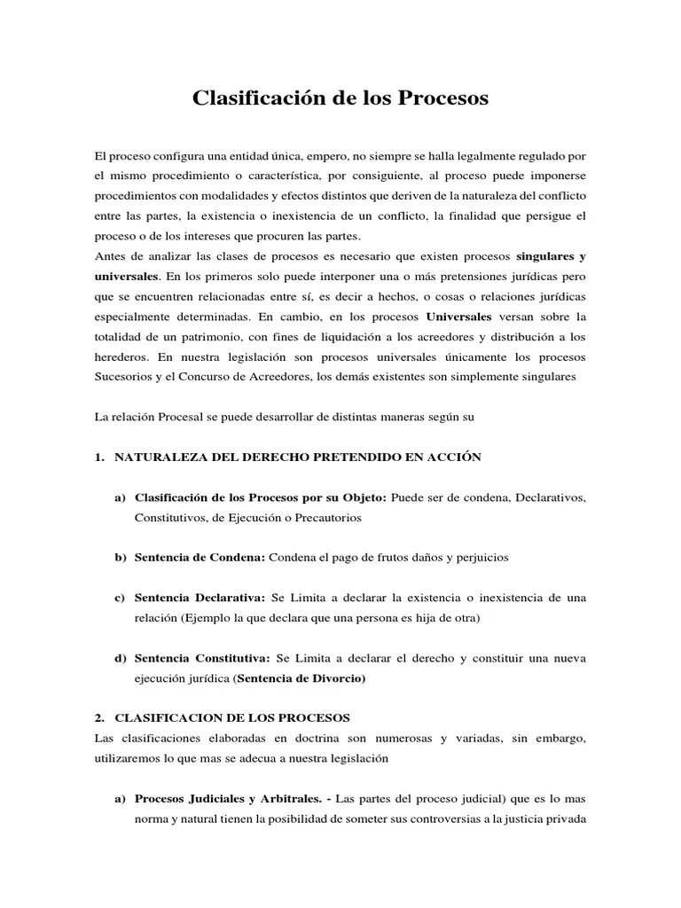 Clasificacion De Los Proceso | PDF | Sentencia (ley) | Ley Procesal