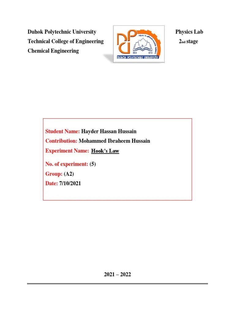 Hook's Law - Physics Exp 5 | PDF | Force | Solid Mechanics