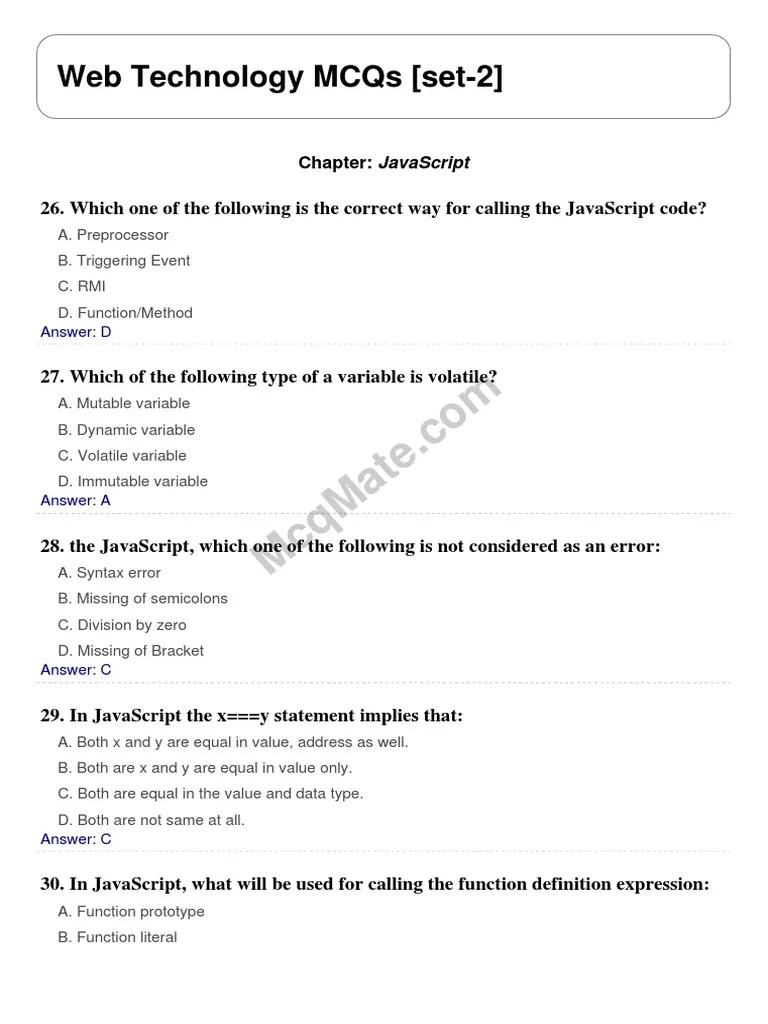Web Technology (Chapter - JavaScript) Solved MCQs (Set-2) | PDF | Java ...