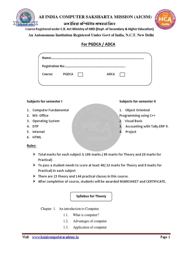 Syllabus For ADCA & PGDCA | PDF | Computer Network | Microsoft Word