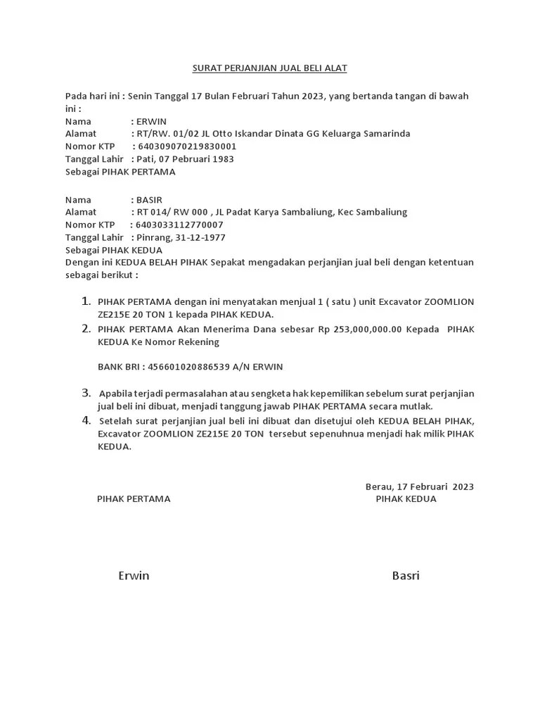 Surat Perjanjian Jual Beli Alat Berat | PDF