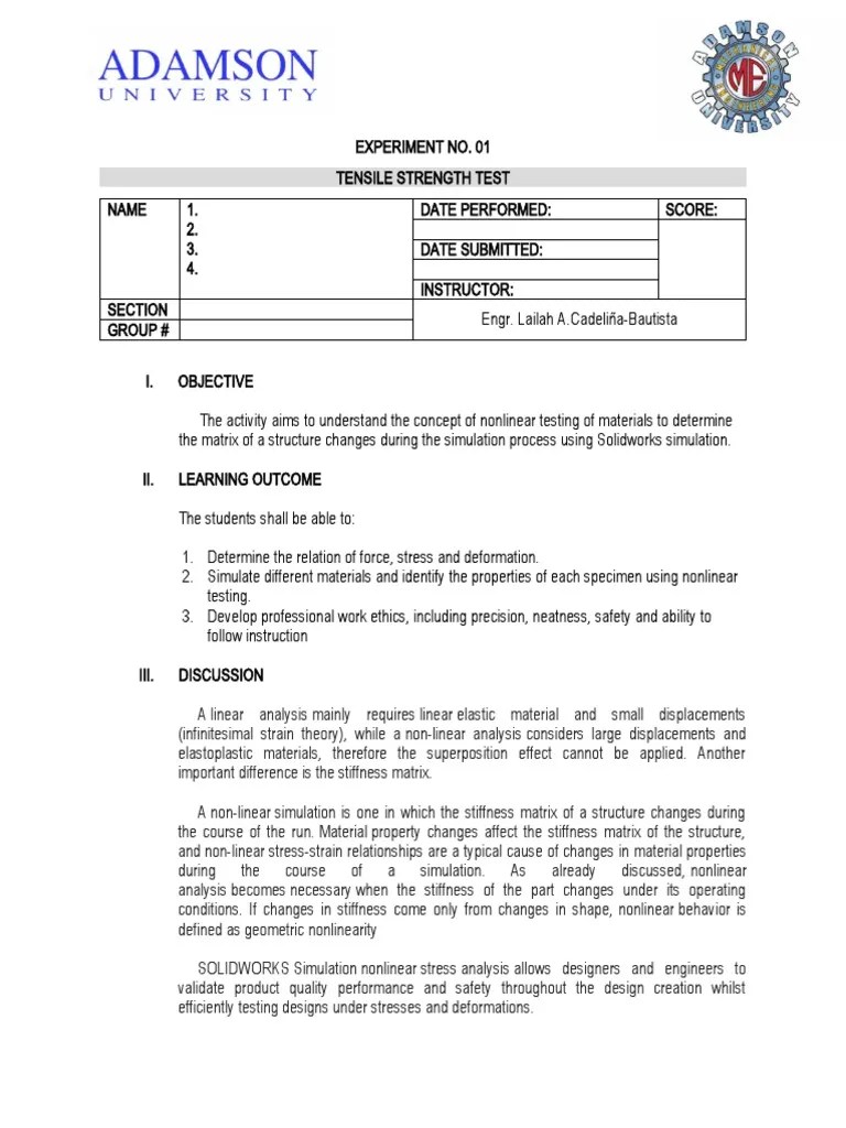 EXPERIMENT NO 1. Tensile Strength Test | PDF | Deformation (Engineering ...
