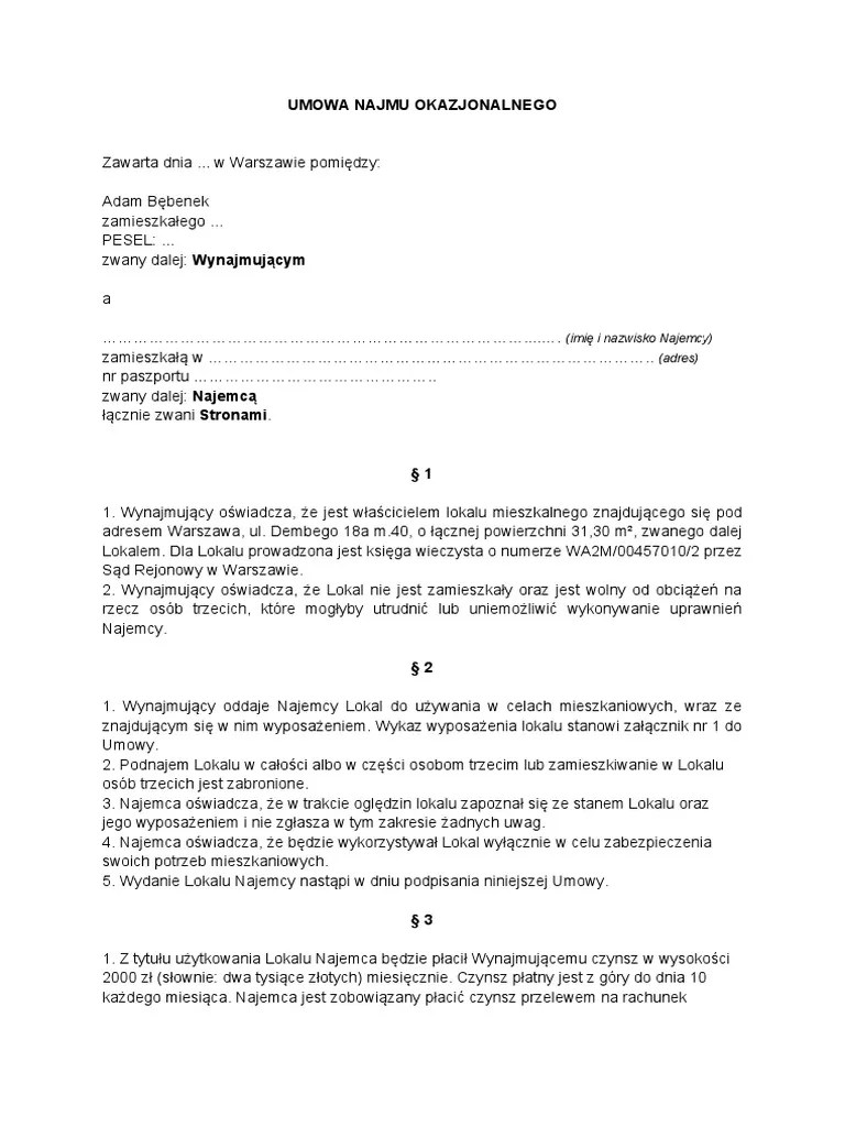 Umowa Najmu Okazjonalnego-Szablon | PDF