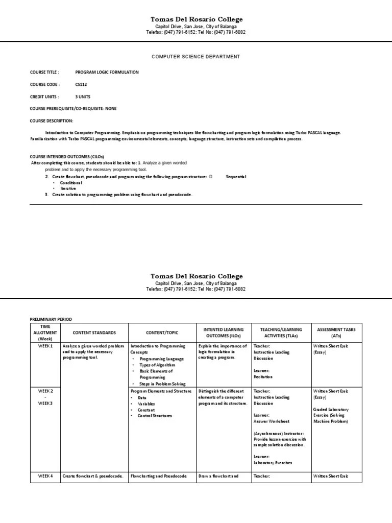 Syllabus - CS112-Program-Logic-Formulation | Download Free PDF | Computer Programming | Curriculum