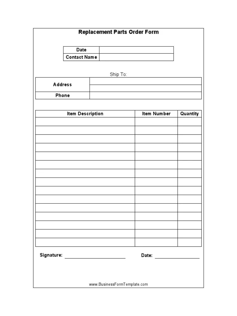 Replacement Parts Order Form Template | PDF