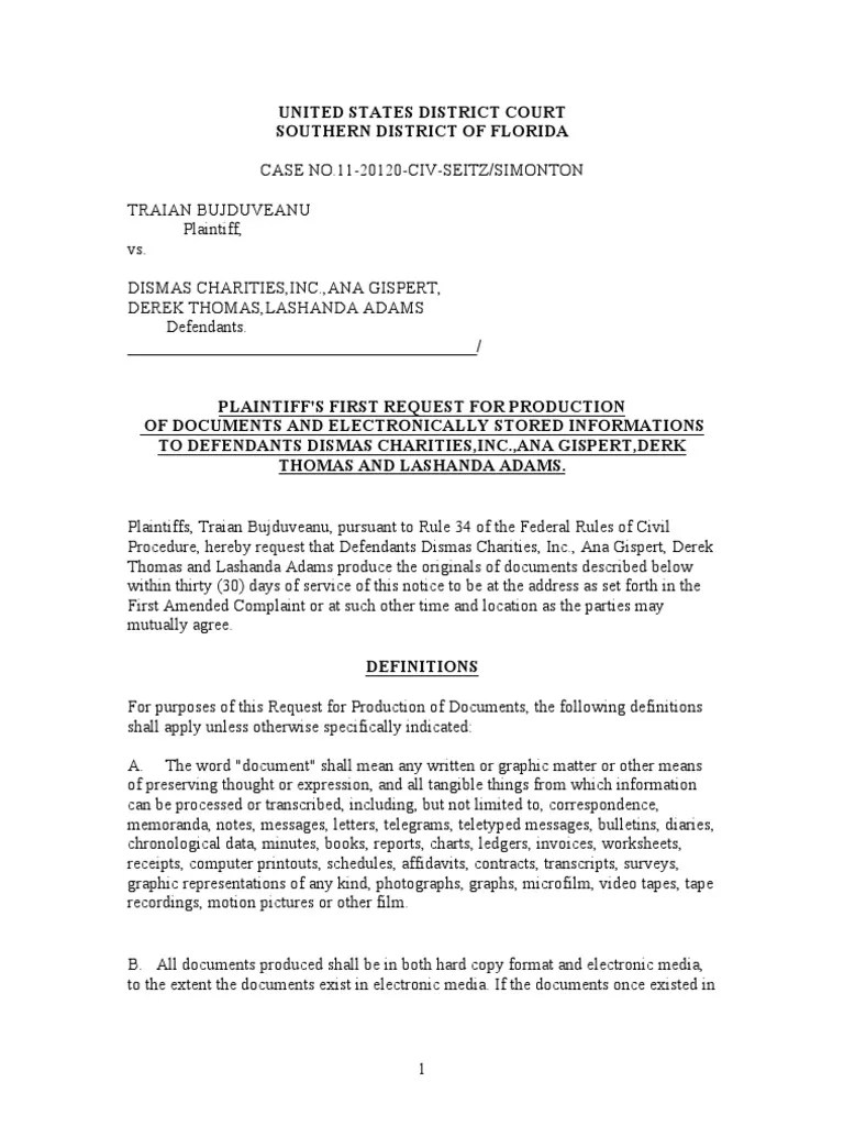 Plaintiff's First Request For Production Of Documents | PDF