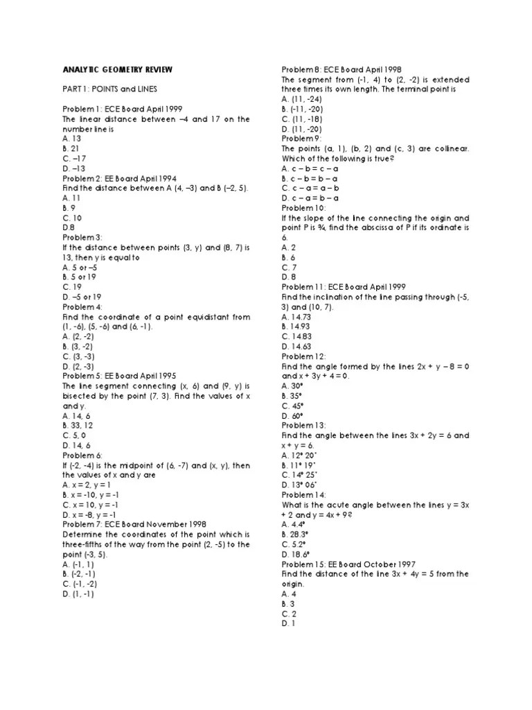 Analytic Geometry Review: Equations Of Lines, Distance Calculations, And Geometric Properties Of ...