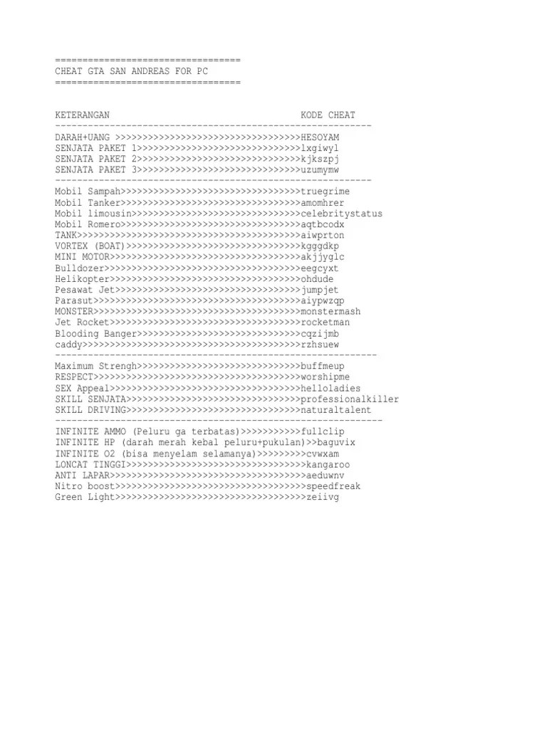 Kanan, x, kanan, kiri, kanan, r1, kanan, kiri, x, segitiga; Cheat Gta Pdf