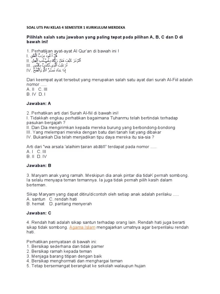 Soal Uts Pai Kelas 4 Semester 1 Kurikulum Merdeka | PDF