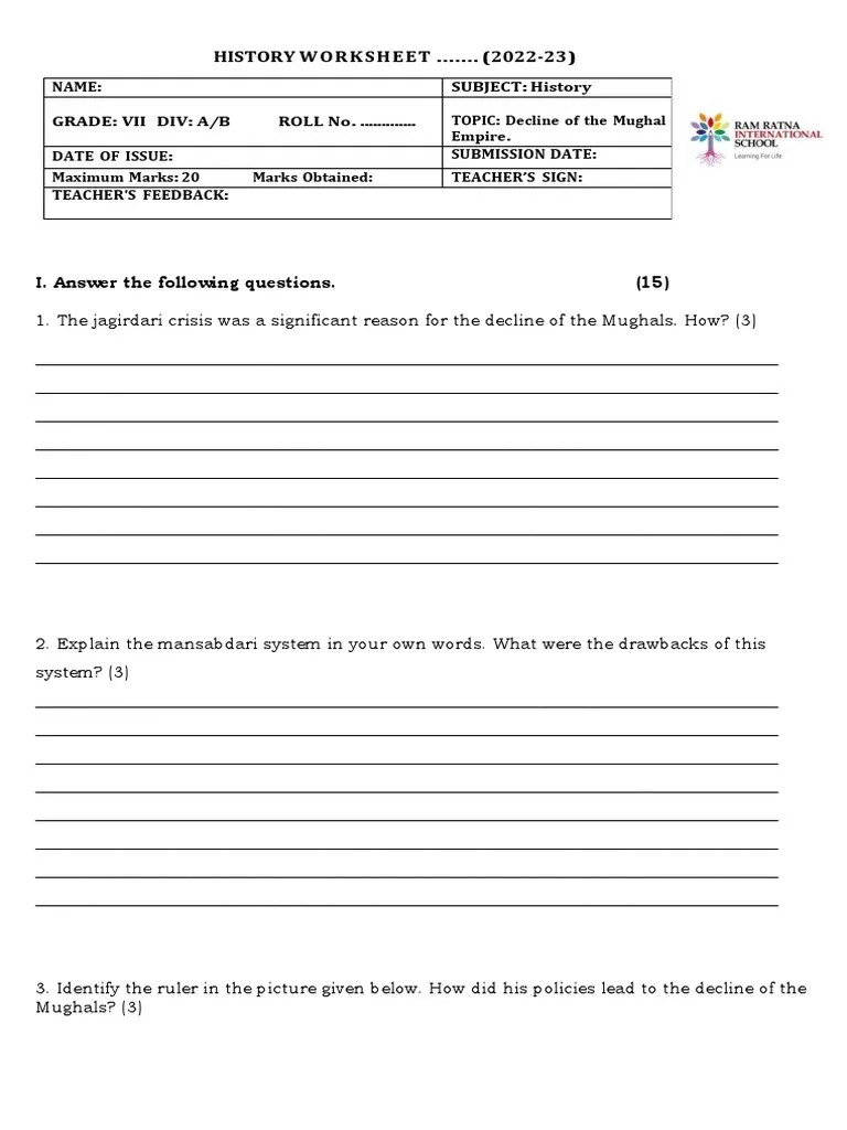 7th History Worksheet | PDF | Mughal Empire | South Asia
