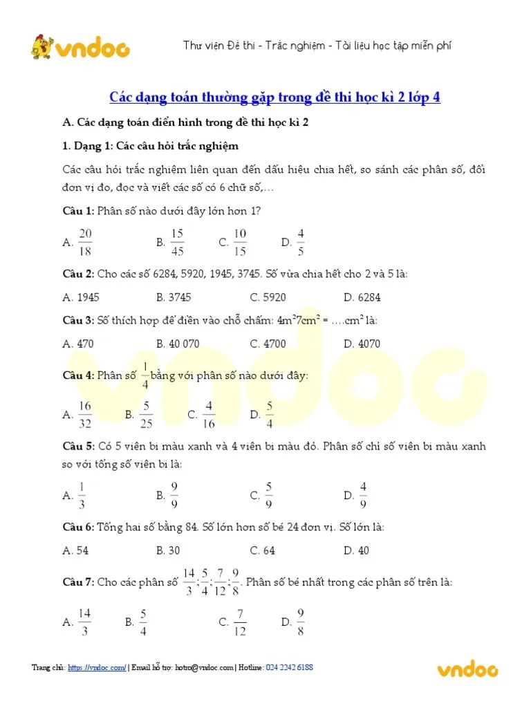 Cac Dang Toan Thuong Gap Trong De Thi Hoc Ki 2 Lop 4 | PDF