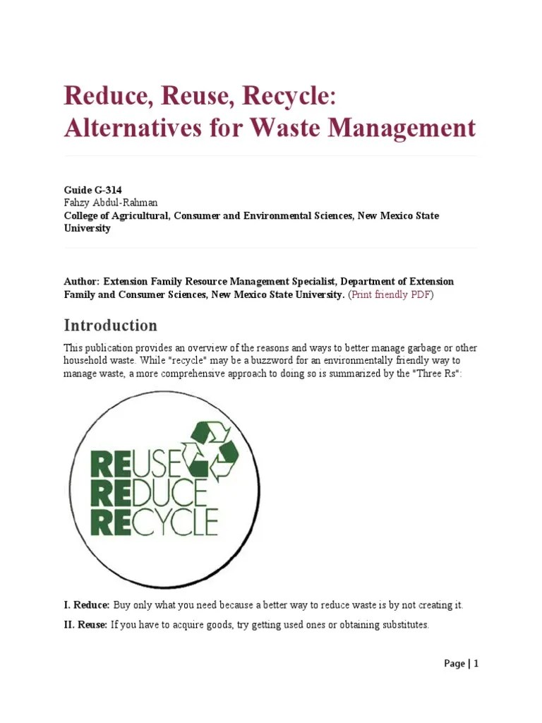 Reduce, Reuse, Recycle Alternatives For Waste Management | PDF | Waste ...