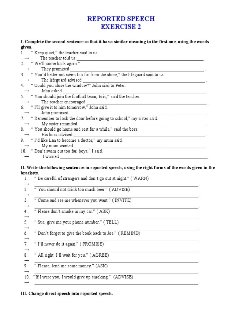 Reported Speech Exercise 26 Pdf