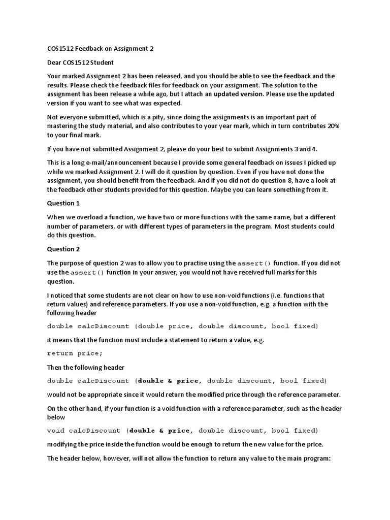 COS1512 Feedback On Assignment 2 | PDF | Pointer (Computer Programming ...