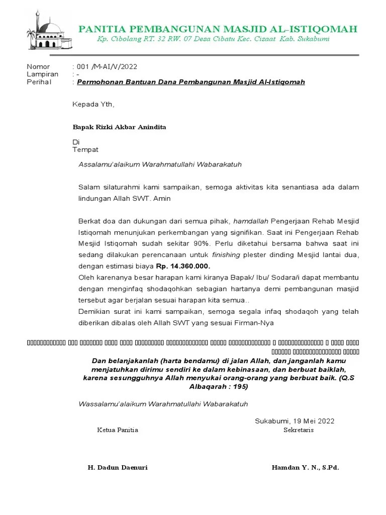 Surat Permohonan Bantuan Dana Finishing Atau Plester Mesjid Istiqomah | PDF