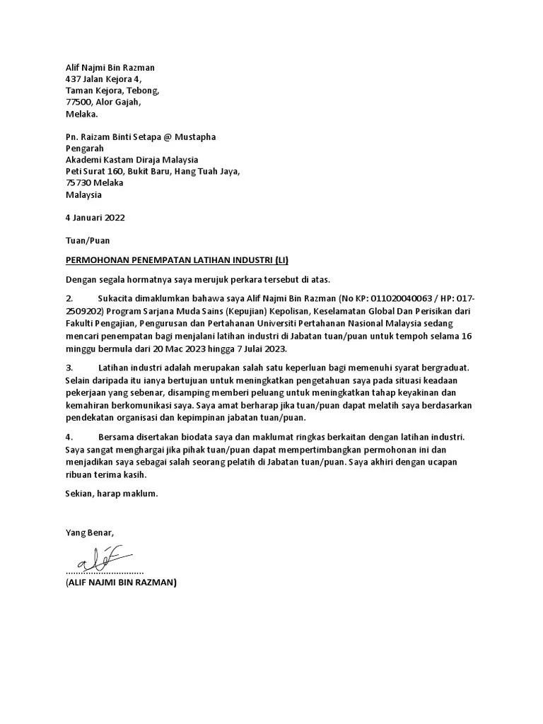 Cover Letter Akademi Kastam | PDF