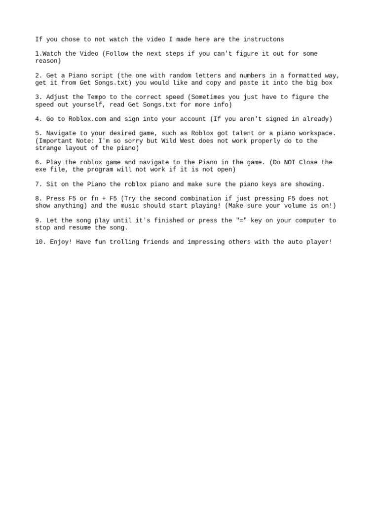 Auto Piano Script For Roblox PDF Games Activities 1