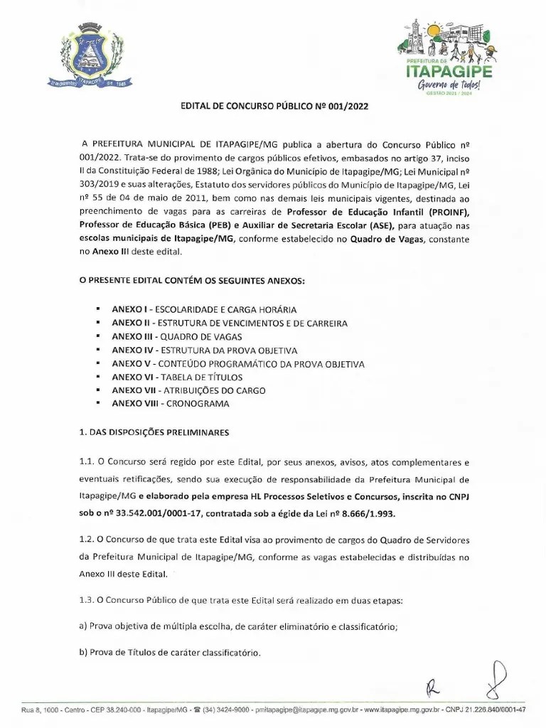 Edital De Concurso Publico No 001 2022 Educacao PDF | PDF