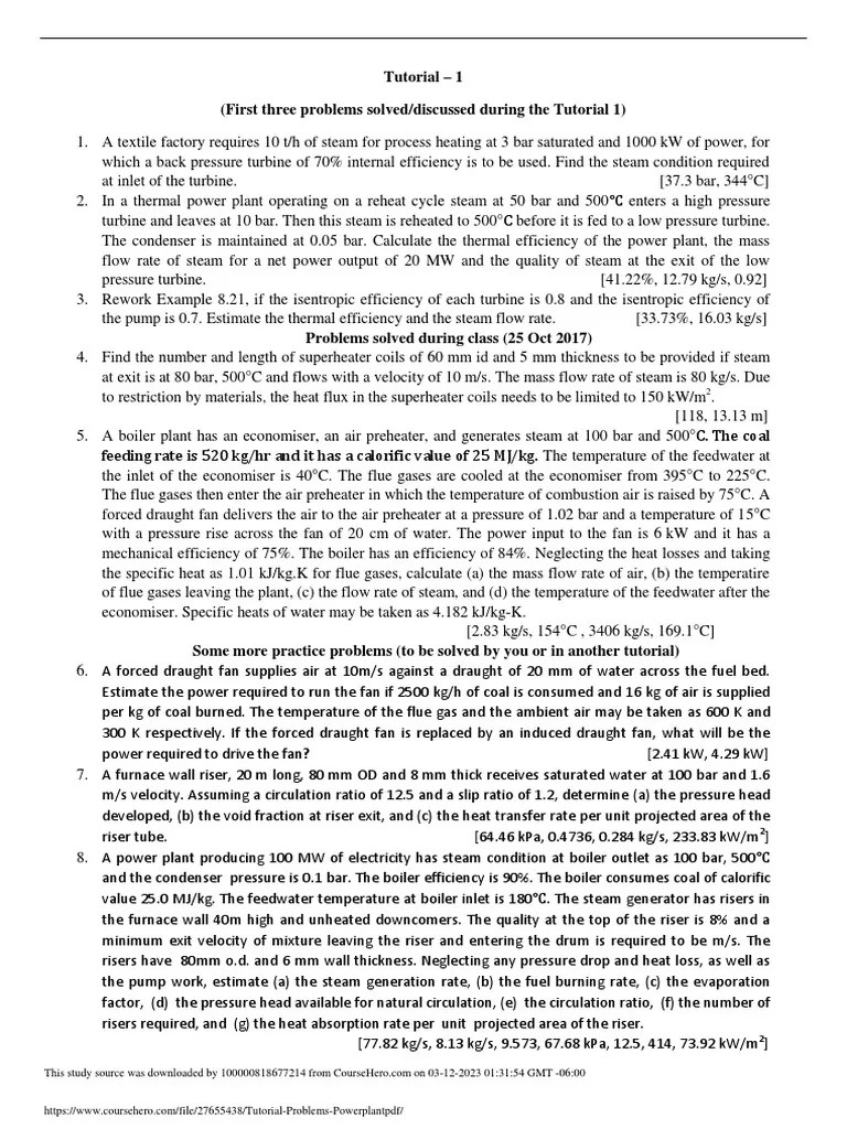 Tutorial Problems Powerplant PDF | PDF | Boiler | Steam