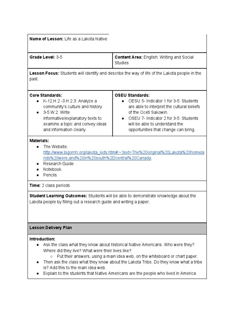 Life As A Lakota Native Lesson Plan | PDF | Lesson Plan | Education Theory