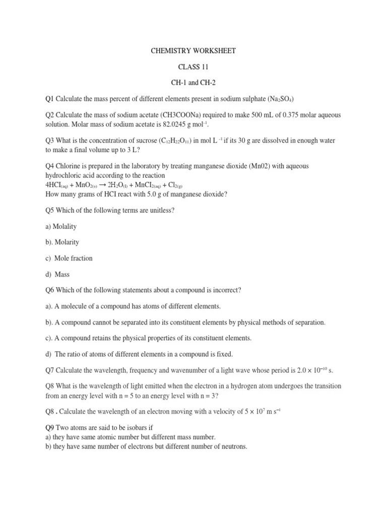Class 11 Chemistry Chapter 1 & 2 Worksheet | PDF | Electron | Atoms
