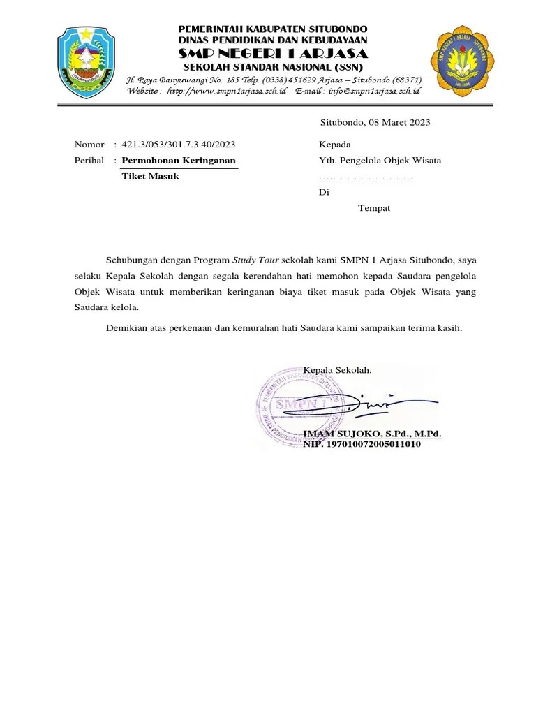Surat Pemberitahuan Wisata Studi SPENSAJA | PDF