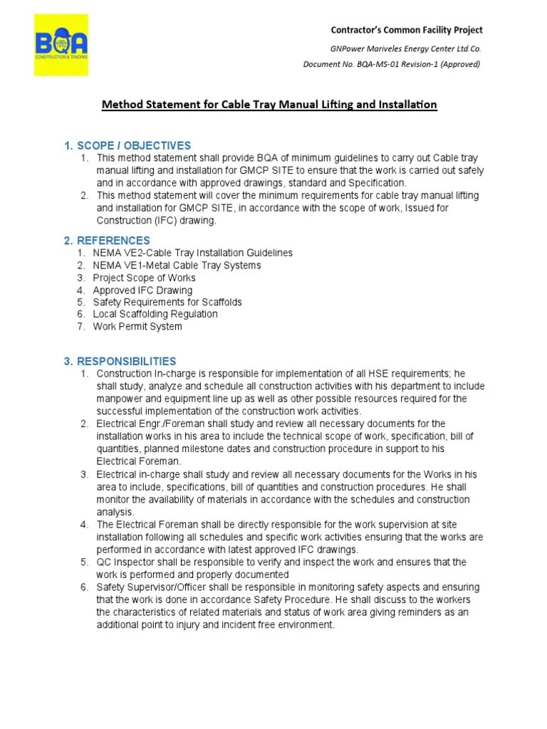 Method Statement For Cable Tray Manual Lifting And Installation | PDF | Welding | Construction