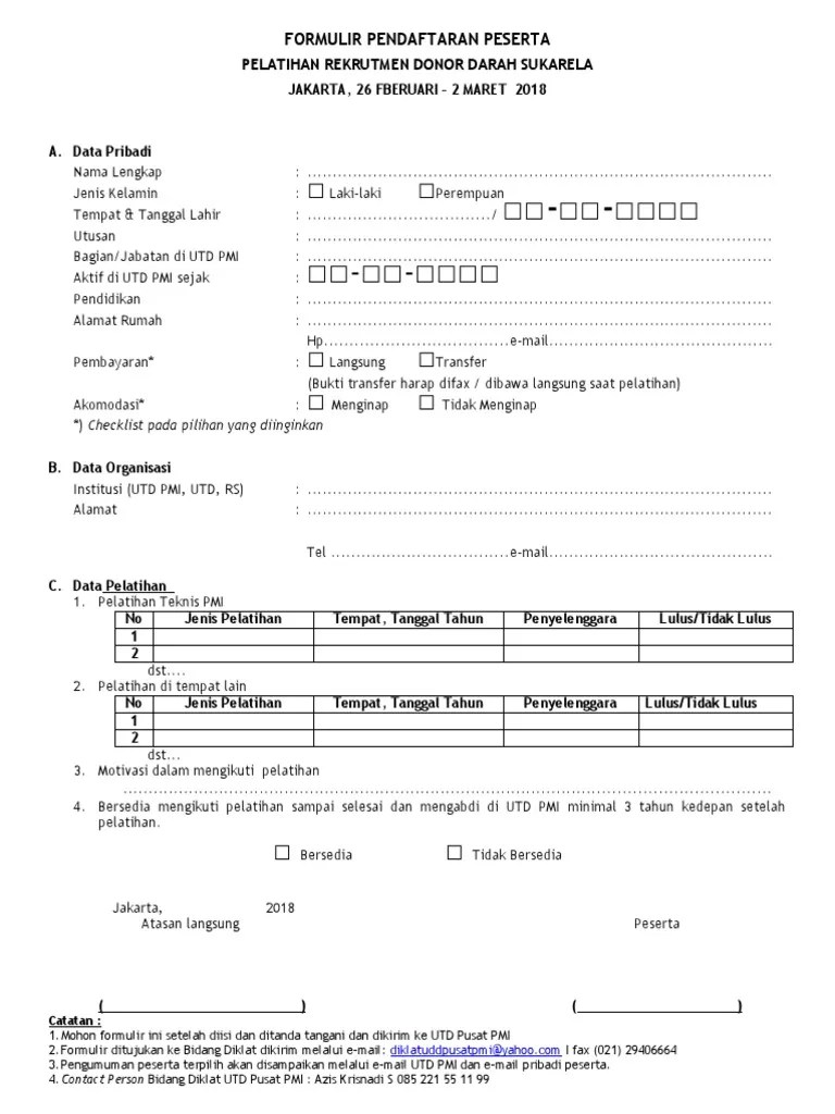 Rekrutmen Sukarelawan Donor Darah: Formulir Pendaftaran Pelatihan Di Jakarta | PDF