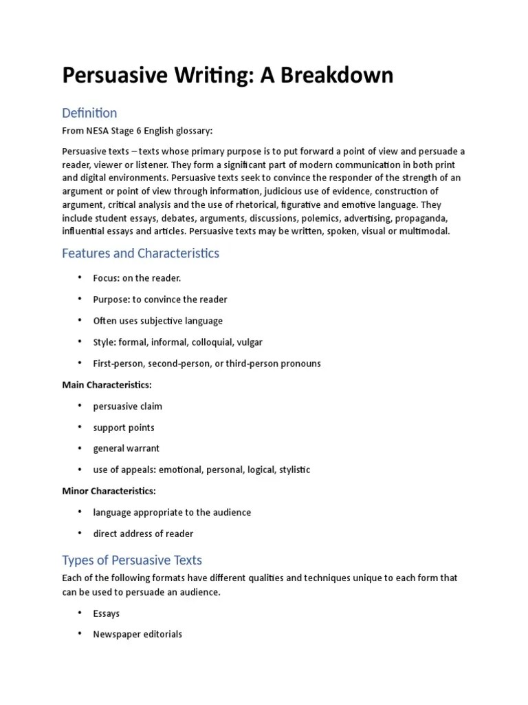Persuasive Writing Breakdown | PDF | Logos | Rhetoric