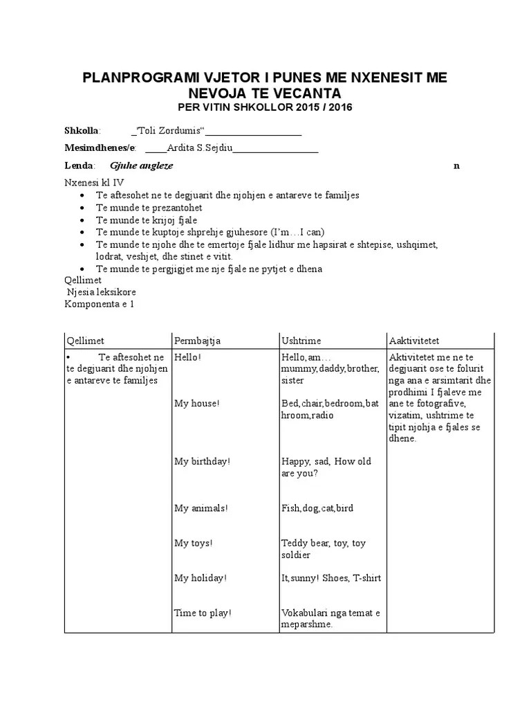 Planprogrami Vjetor I Punes Me Nxenesit Me Nevoja Te Vecanta | PDF