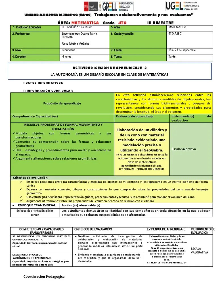 4to Sesión De Aprendizaje - Ie 02 N°80892 Los Pinos | PDF | Evaluación ...