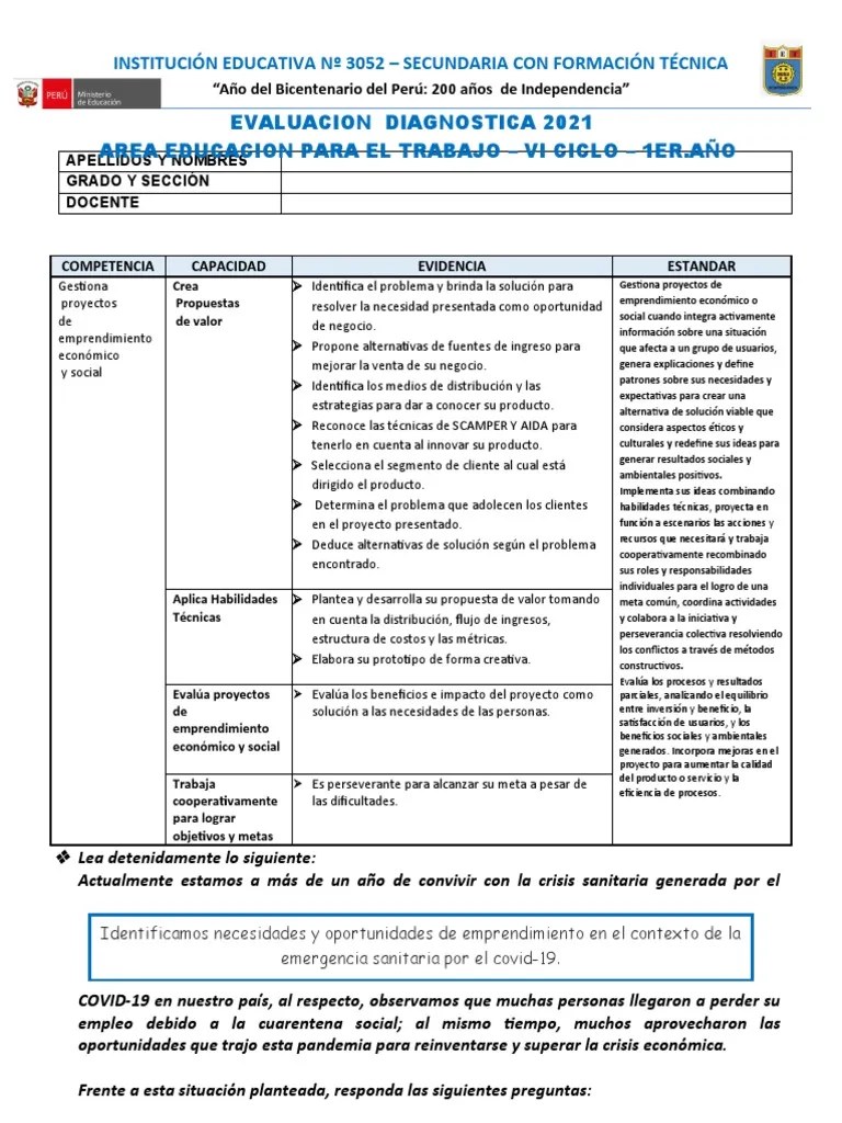 2021-Vi Ciclo-1er - Año-Evaluación Diagnóstica | PDF | Iniciativa Empresarial | Economias