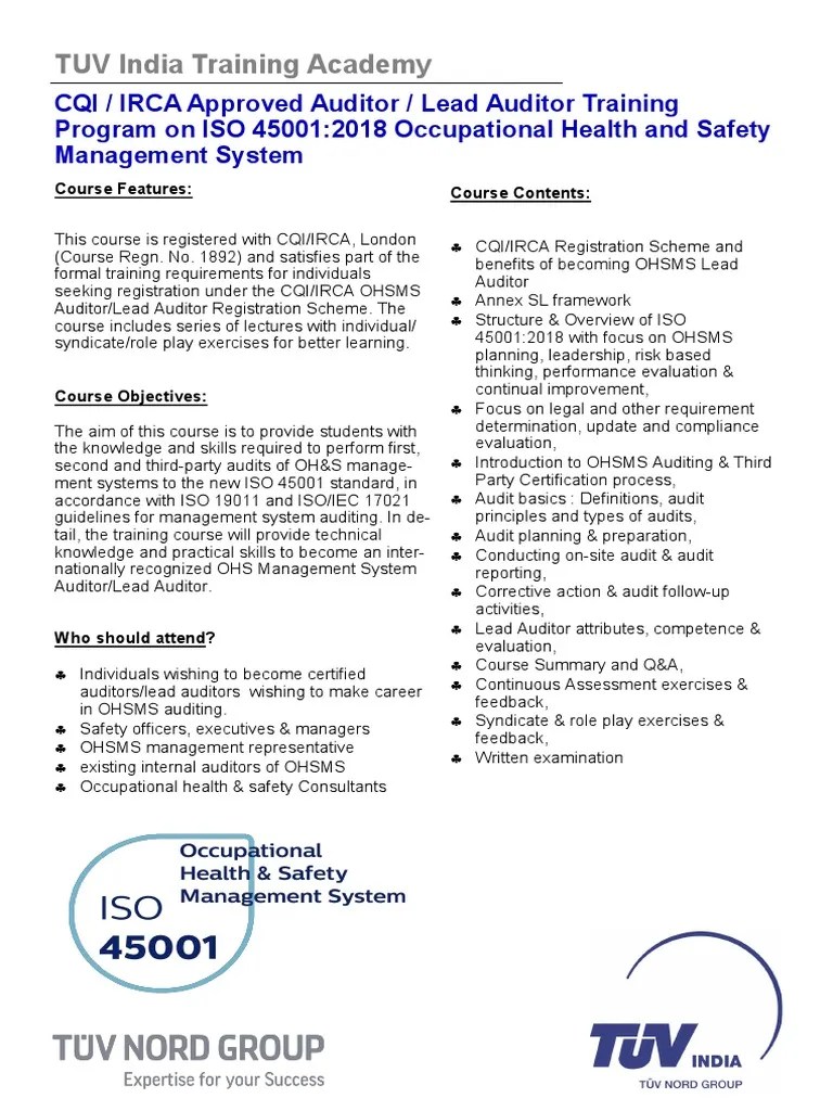 CQI IRCA Approved Online Auitor - Lead Auditor Training Program On ISO 450012018 Occupational ...