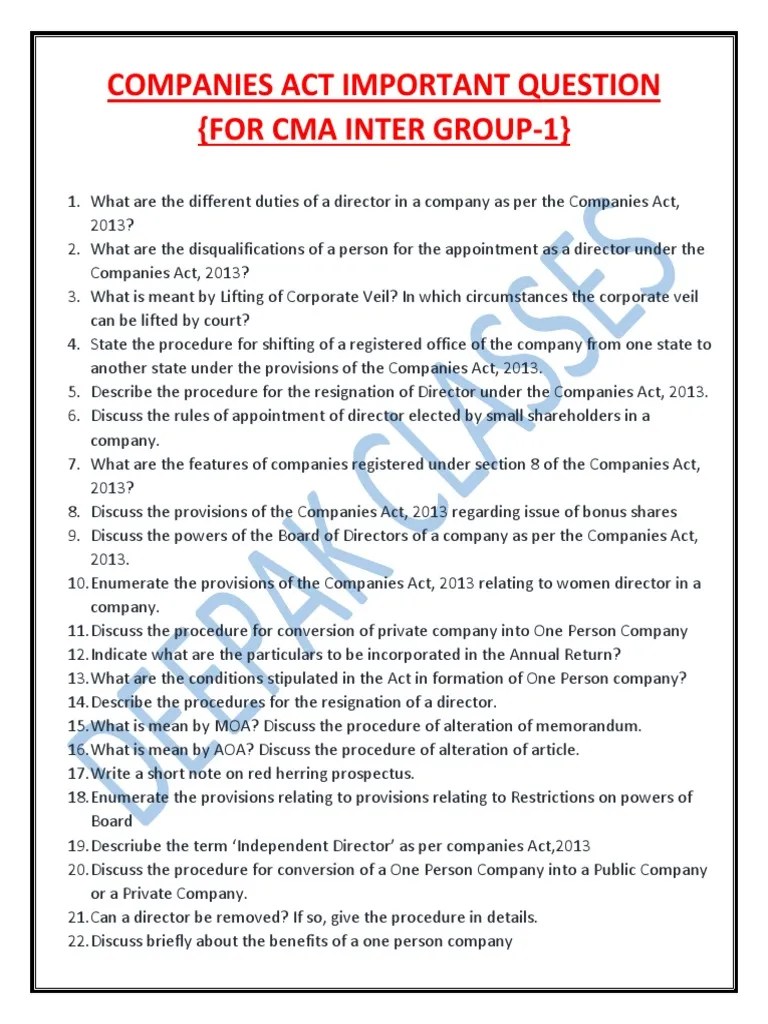 Impt Ques Companies Act Cma Inter Law | PDF