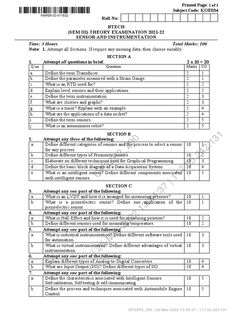 Btech Oe 3 Sem Sensor And Instrumentation Koe034 2022 | PDF | Instrumentation | Sensor