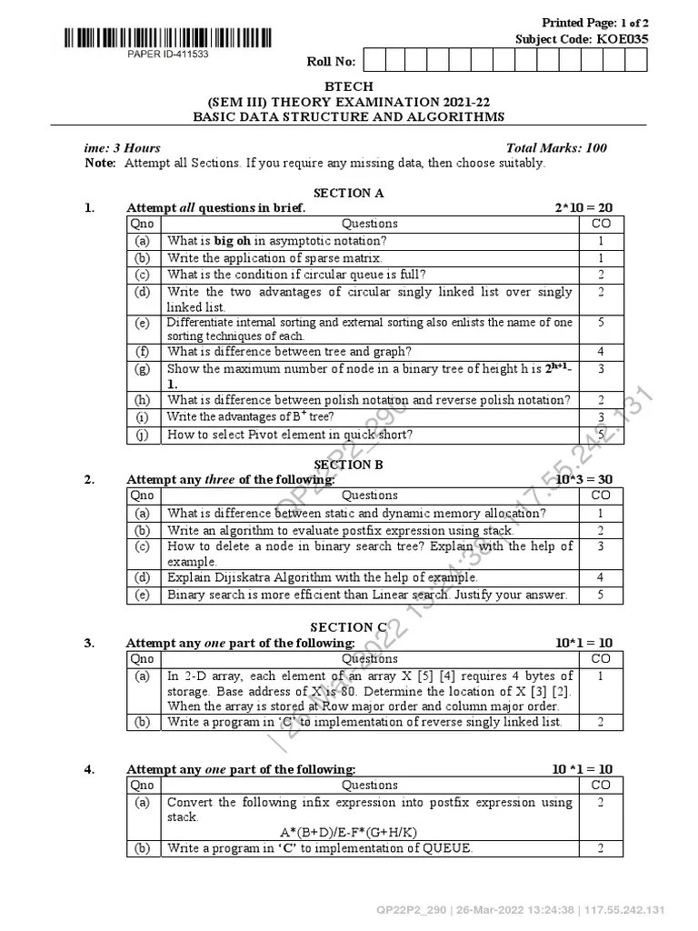 Btech Oe 3 Sem Basic Data Structure And Algorithms Koe035 2022 | PDF ...