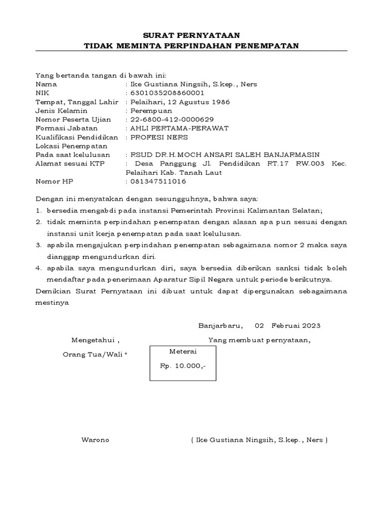 Surat Pernyataan Tidak Pindah Penempatan | PDF