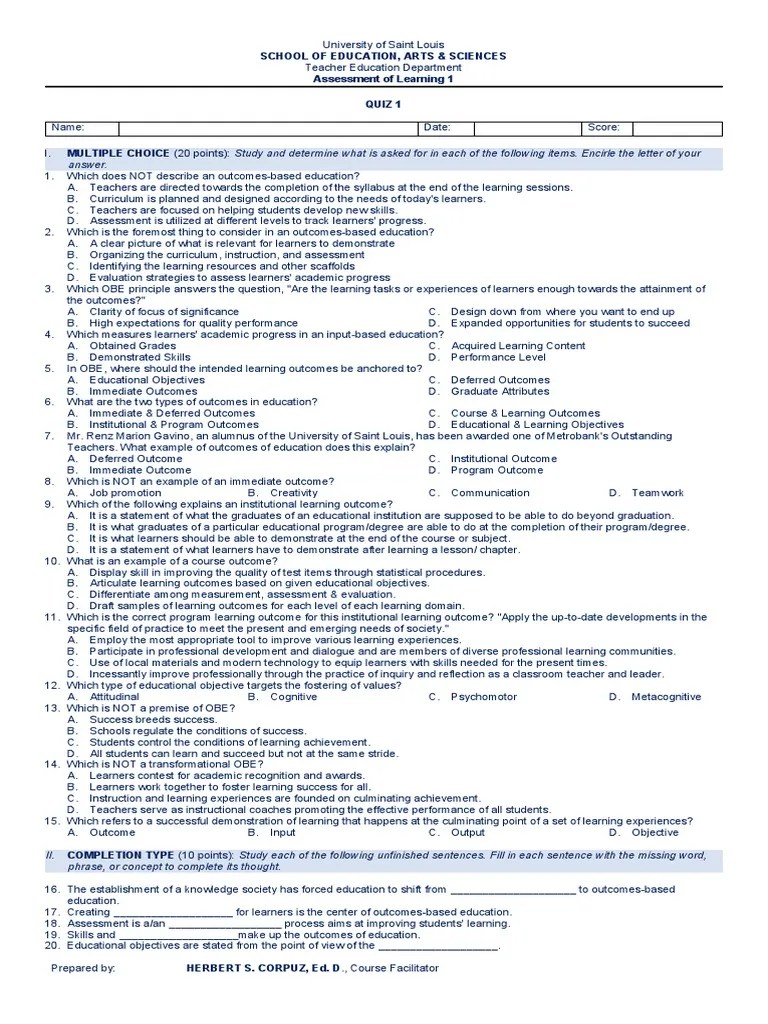 Quiz 1 - Assessment | PDF | Educational Assessment | Learning
