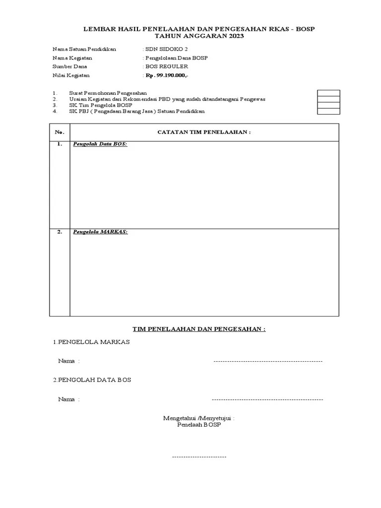 Lembar Penelaahan Rkas Bosp - 2023 | PDF