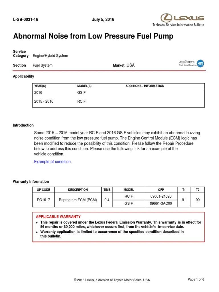 Abnormal Noise From Low Pressure Fuel Pump Lexus 2016 GS F 2015 - 2016 ...