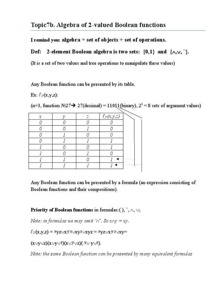 Lecture 5 Topics 7b, 7c, 2 Valued Boolean Algebra Function Presentation ...