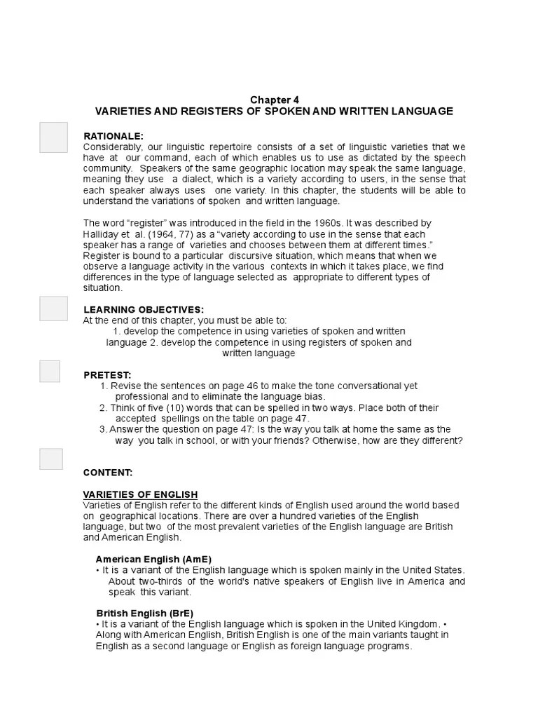 Chapter 4 - VARIETIES AND REGISTERS OF SPOKEN AND WRITTEN LANGUAGE PDF | PDF | Social Science ...
