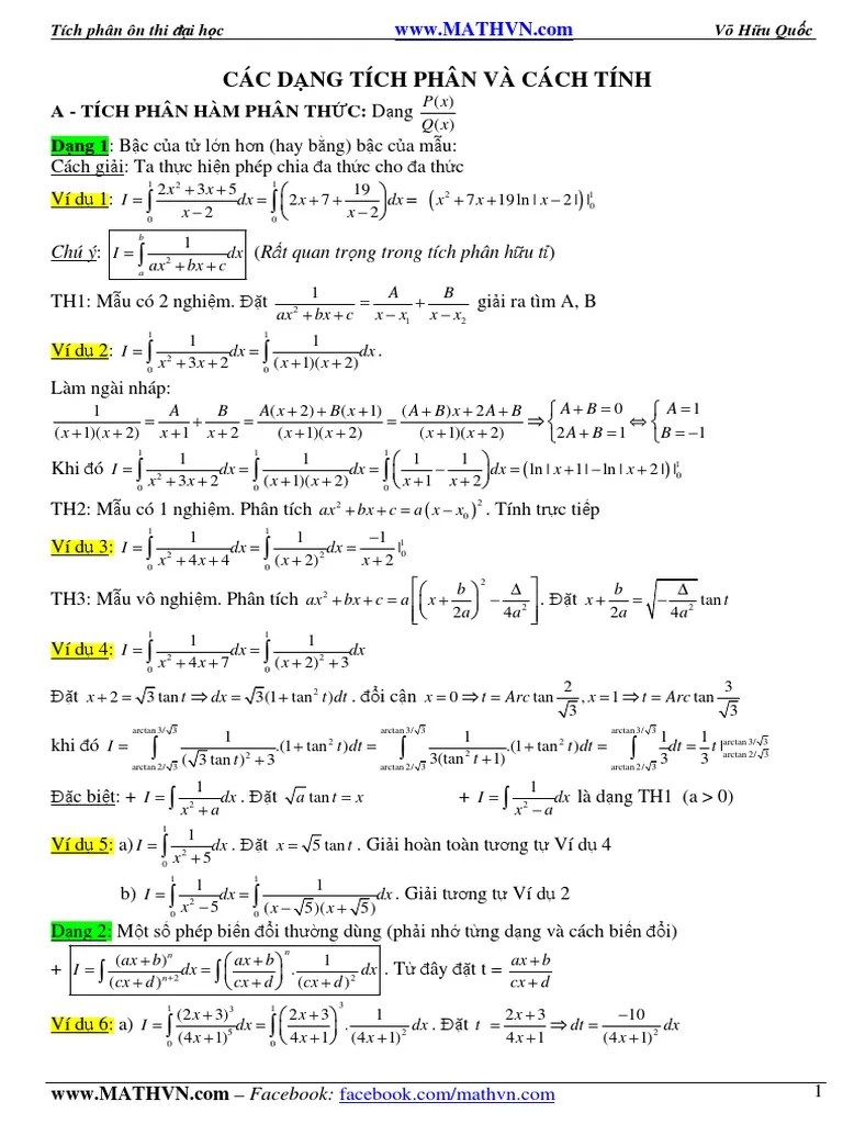 Các Dạng Tích Phân Và Cách Tính: A - Tích Phân Hàm Phân Thức: Dạng Dạng 1: Bậc Của Tử Lớn Hơn ...