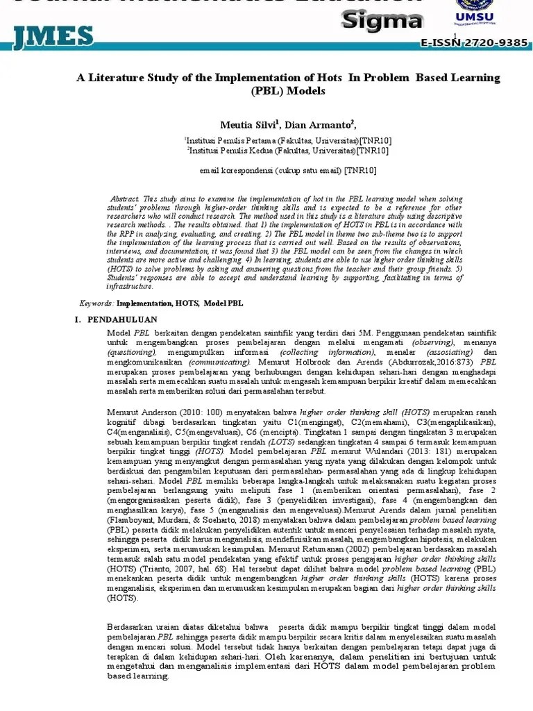 A Literature Study Of The Implementation Of Hots In Problem Based ...