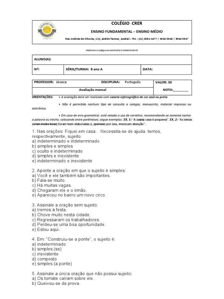 Avaliação Mensal 8 Ano 1 Bimestre | Download Grátis PDF | Assunto (gramática) | Poesia