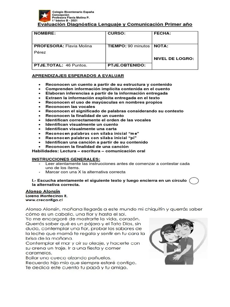 Evaluación Diagnóstica Lenguaje Y Comunicación Primer Año Básico | PDF