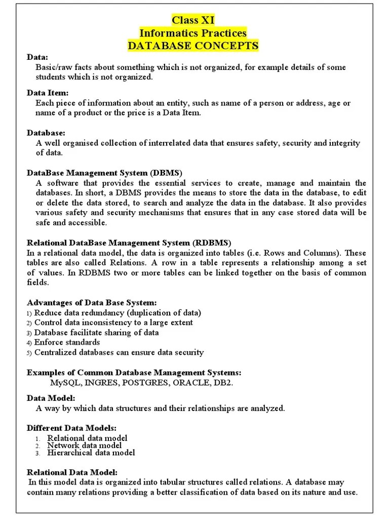 IP Class-XI Chapter-10 & 11 NOTES | PDF | Relational Database | Sql