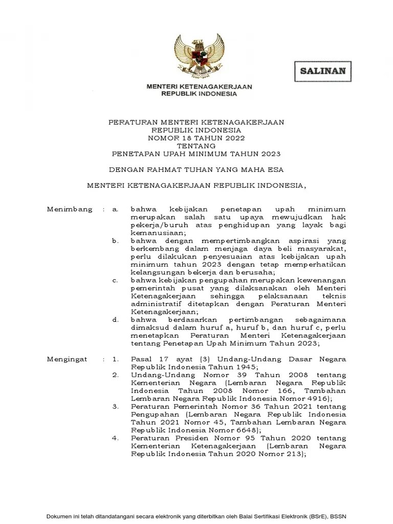 Permenaker Nomor 18 Tahun 2022 | PDF