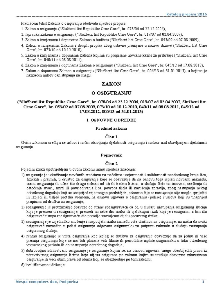 Zakon O Osiguranju | PDF