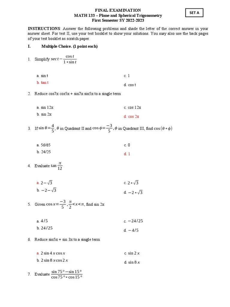 Trigonometry Final Exam | PDF | Triangle | Angle